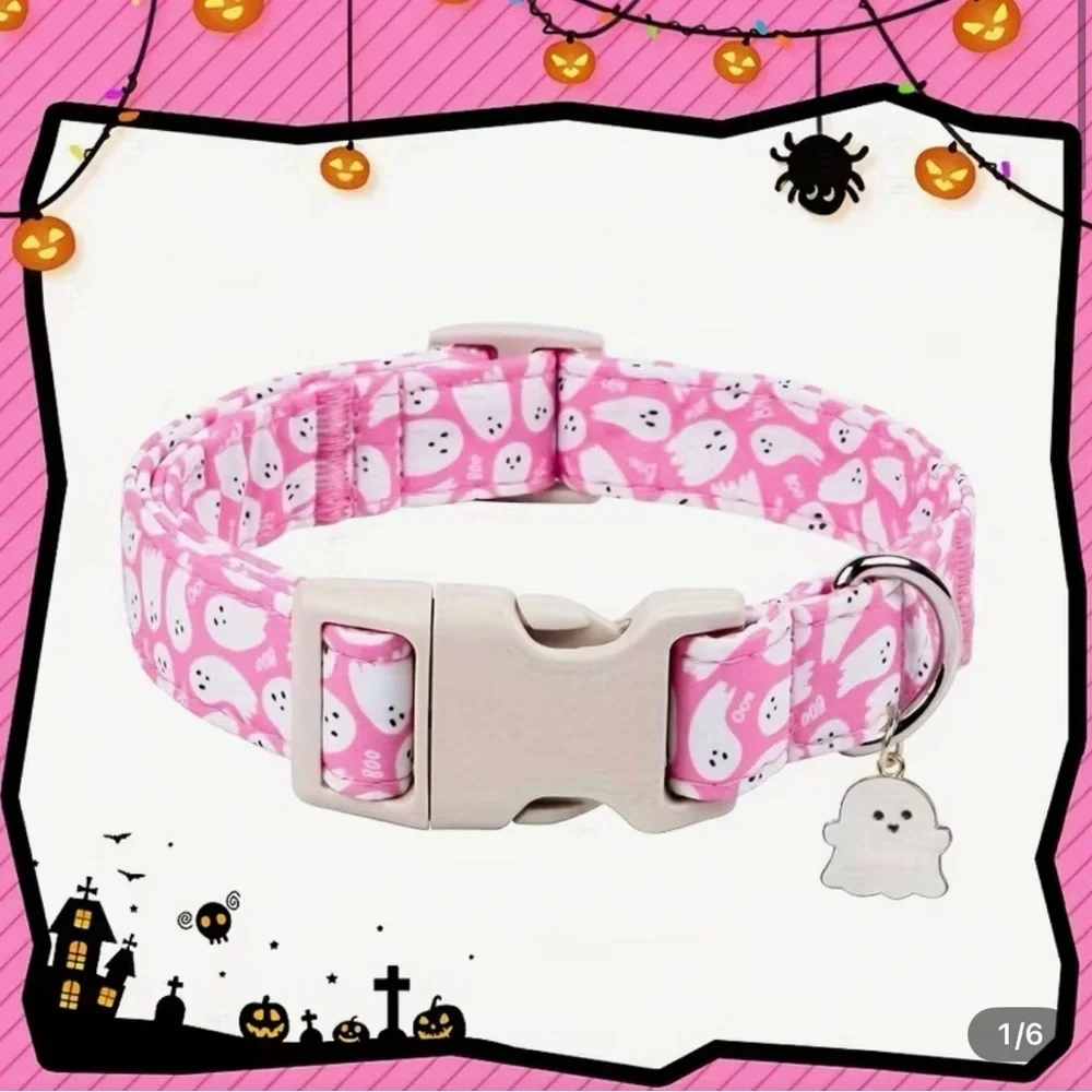 Pink Ghost Pattern Pet Collar with Ghost Charm